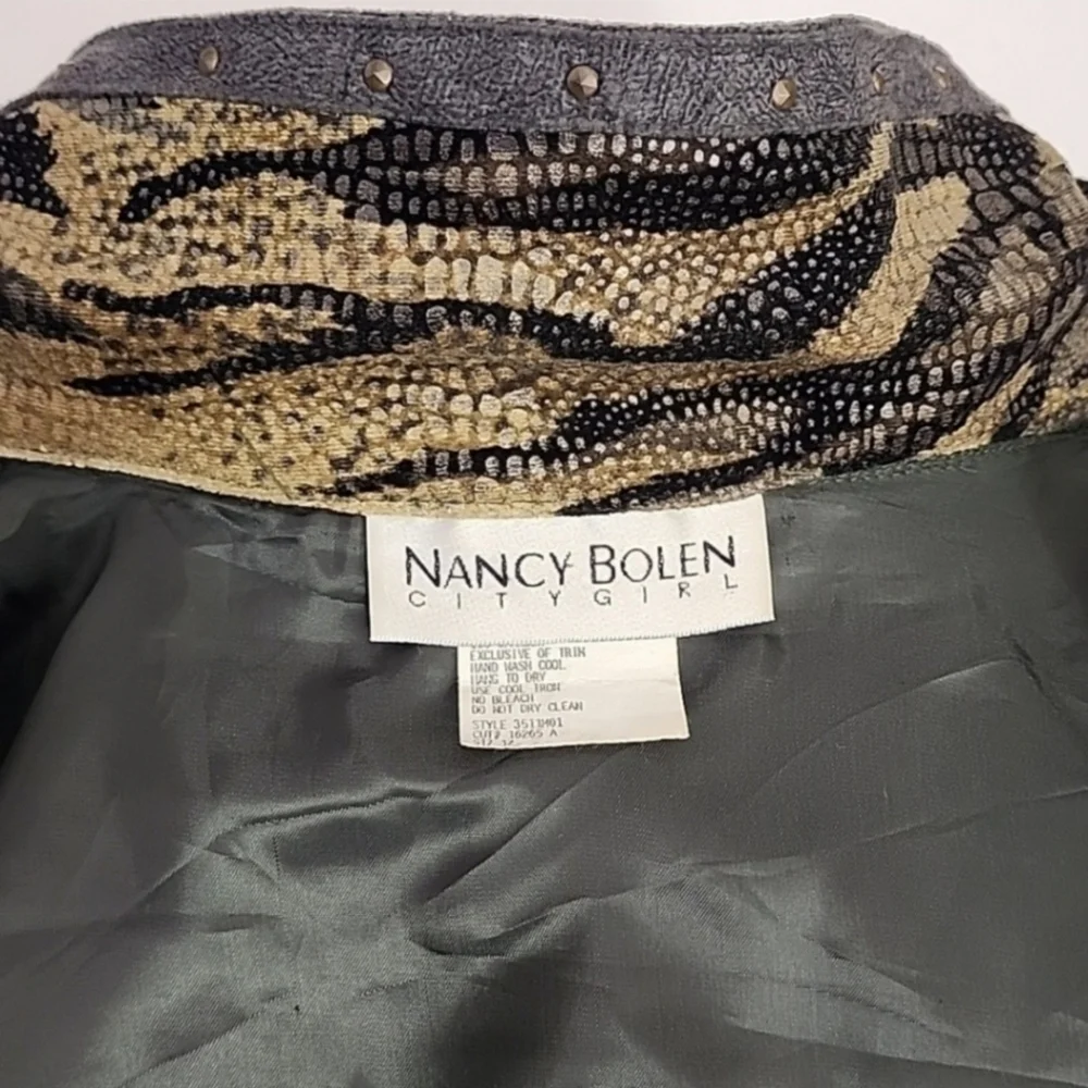 Nancy Bolen Jacket Faux Suede with Animal Print Accents Green Plus Size 14